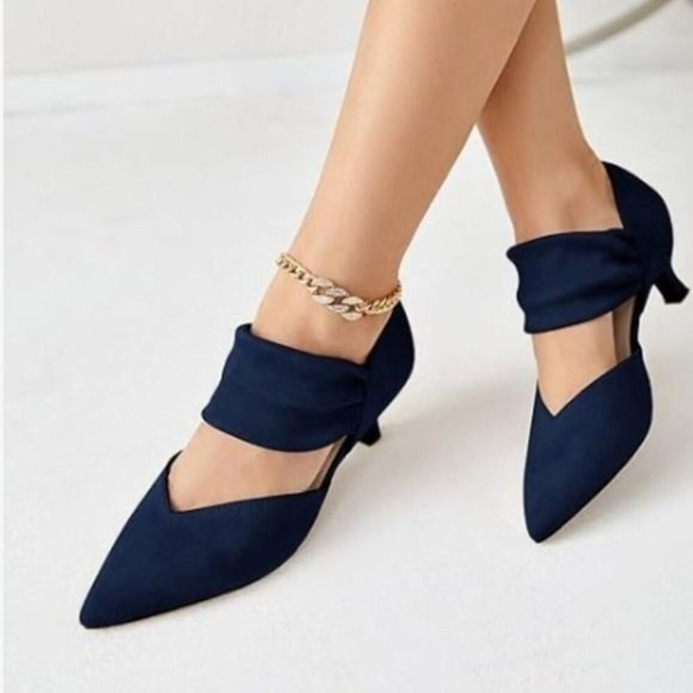 Womens Navy Pointed Kitten Heels Ankle Strap Pumps